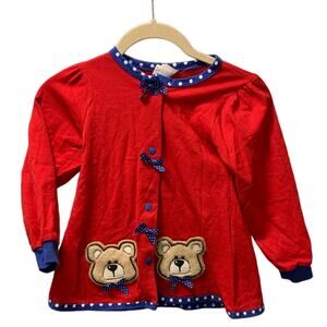 Buster Brown Vintage Bear Crew Neck Long Sleeve Cardigan Sweater Red/Blue Size 5